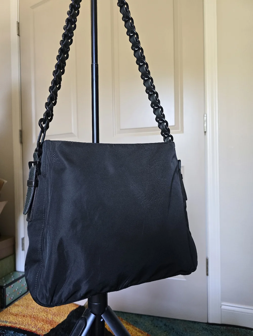 Authentic Prada Nylon Black Shoulder Bag with Braided Leather Chain Strap - Picture 5 of 16